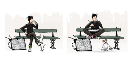 Illustration style BD, homme et chien